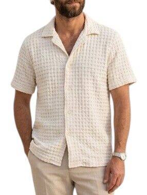​OAS Company Cuba Waffle Knit Shirt L White Camp Collar Short Sleeve Button Up
